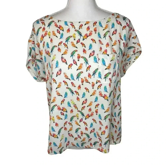 LOFT Petite Medium Colorful Parrot Single Pocket Short Sleeved Top - Picture 1 of 8